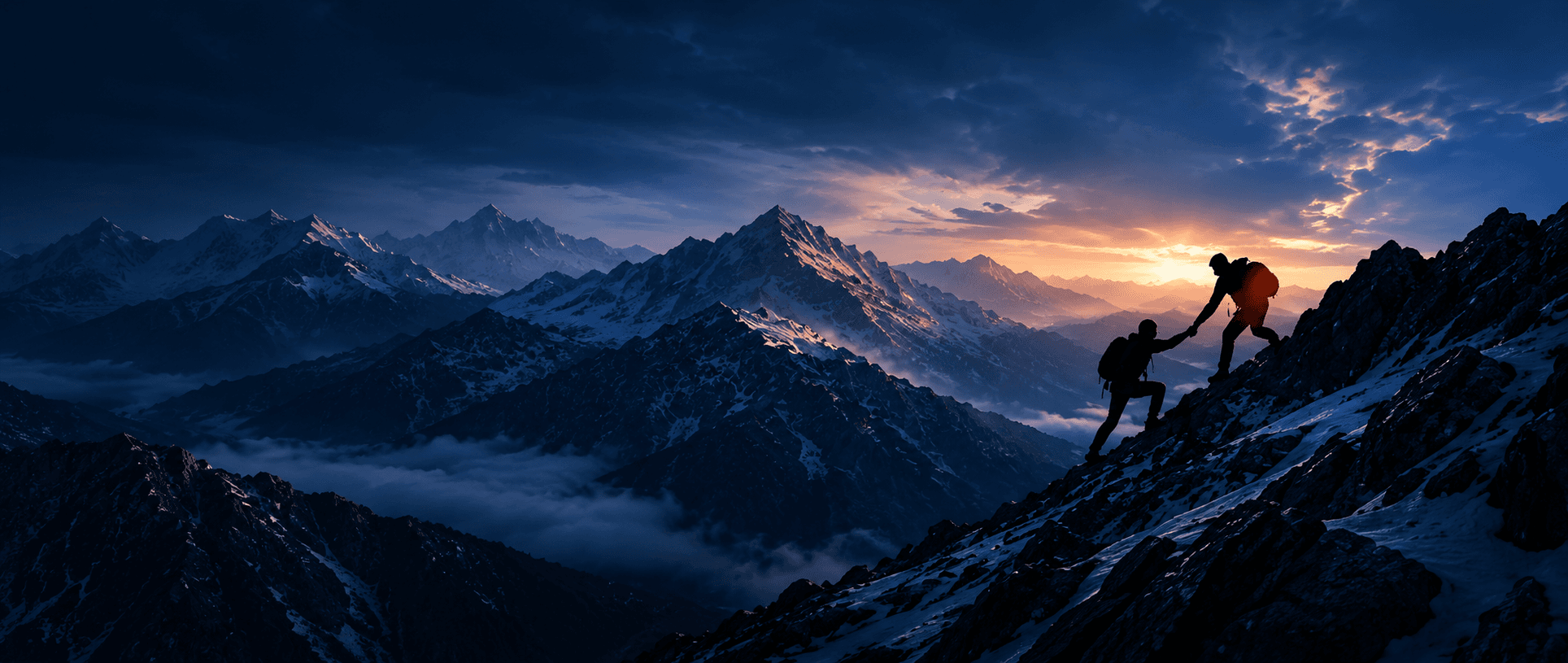 Two climbers helping each other on a mountain